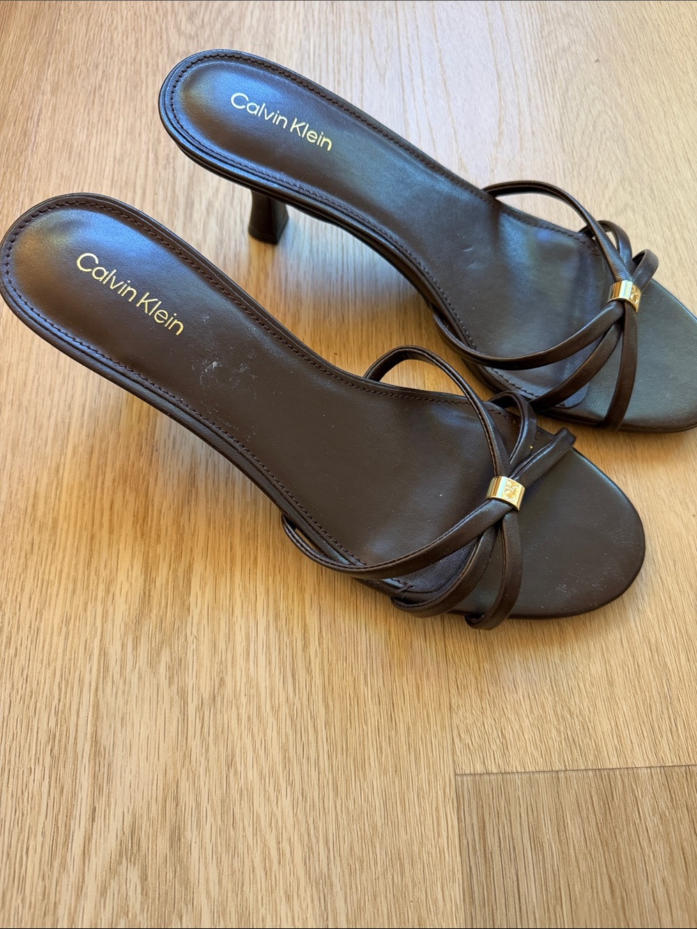 Calvin Klein Otullia Dark Brown Strappy Kitten Heel Slide Sandals Mules 8.5M